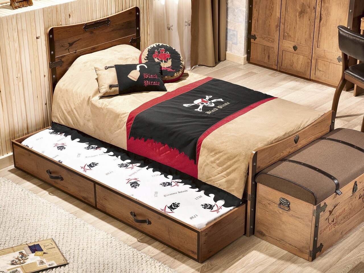 Pat Extensibil, Çilek, Pirate Pull-Out Bed (90X180), 95x24x186 Cm, Multicolor