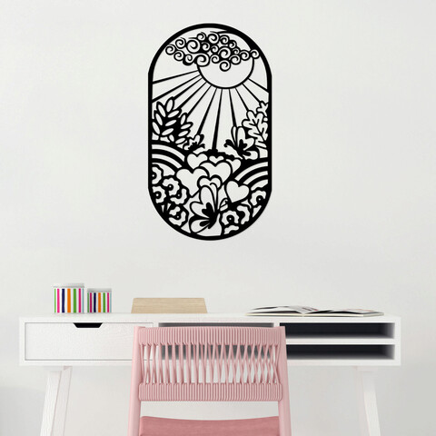 Decoratiune de perete, sun flower, metal, dimensiune: 39 x 68 cm, negru