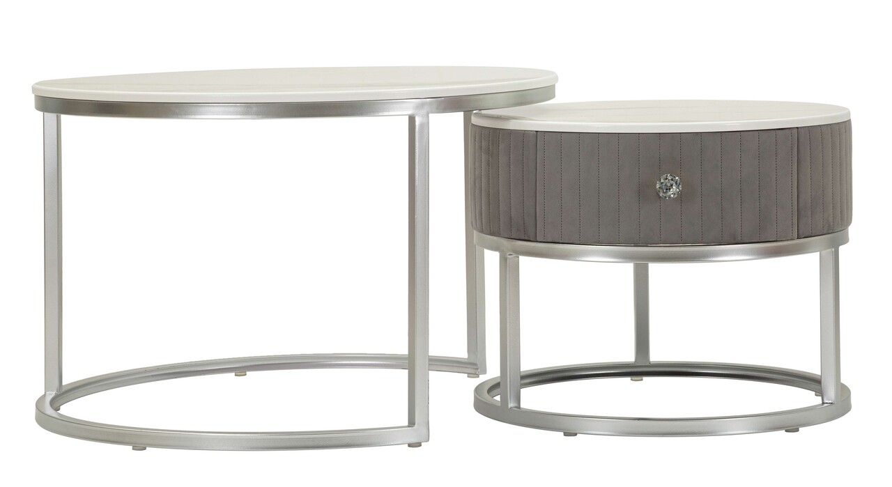 Set 2 masute de cafea Greys, Mauro Ferretti, 70x45 cm, 50x40 cm, lemn de pin/MDF/metal, gri/argintiu
