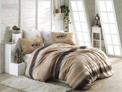 Lenjerie de pat dubla Creamy, Beverly Hills Polo Club, 4 piese, 240 x 260 cm, 100% bumbac ranforce, alb/somon/crem