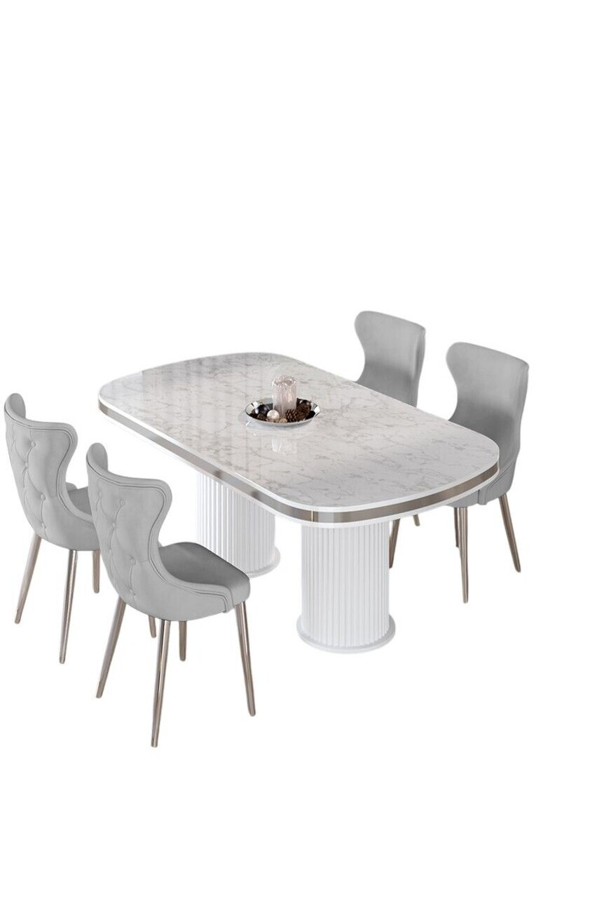 Set masa si scaune (5 piese), Hanah Home, Galya, Model de marmură albă / Crom / Gri — imaginea 2