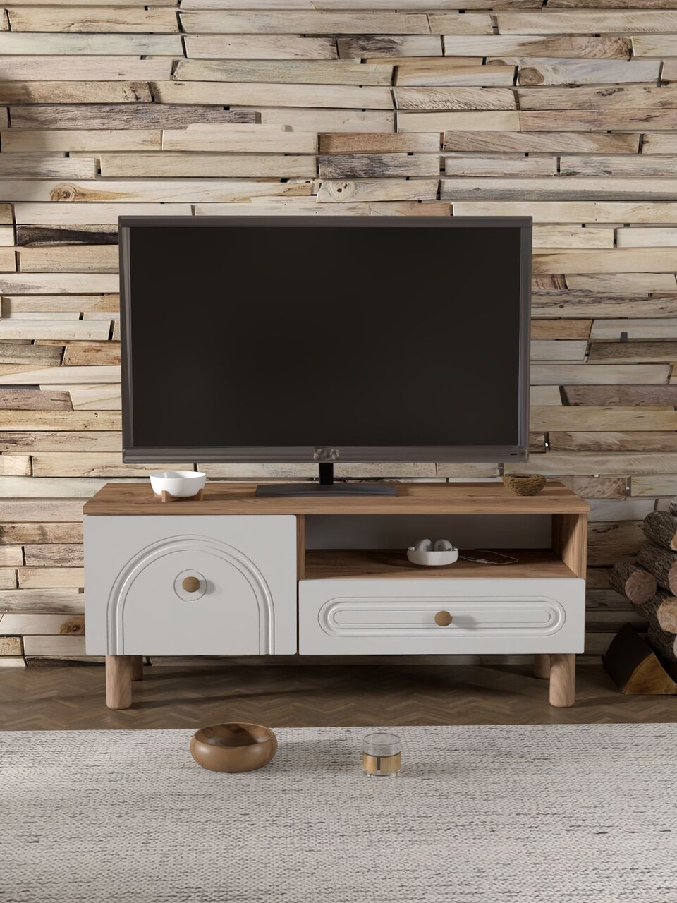 Comoda TV, Hanah Home, Serenta 105, 104x47x35 cm, PAL, Pin Atlantic / Alb - view 2
