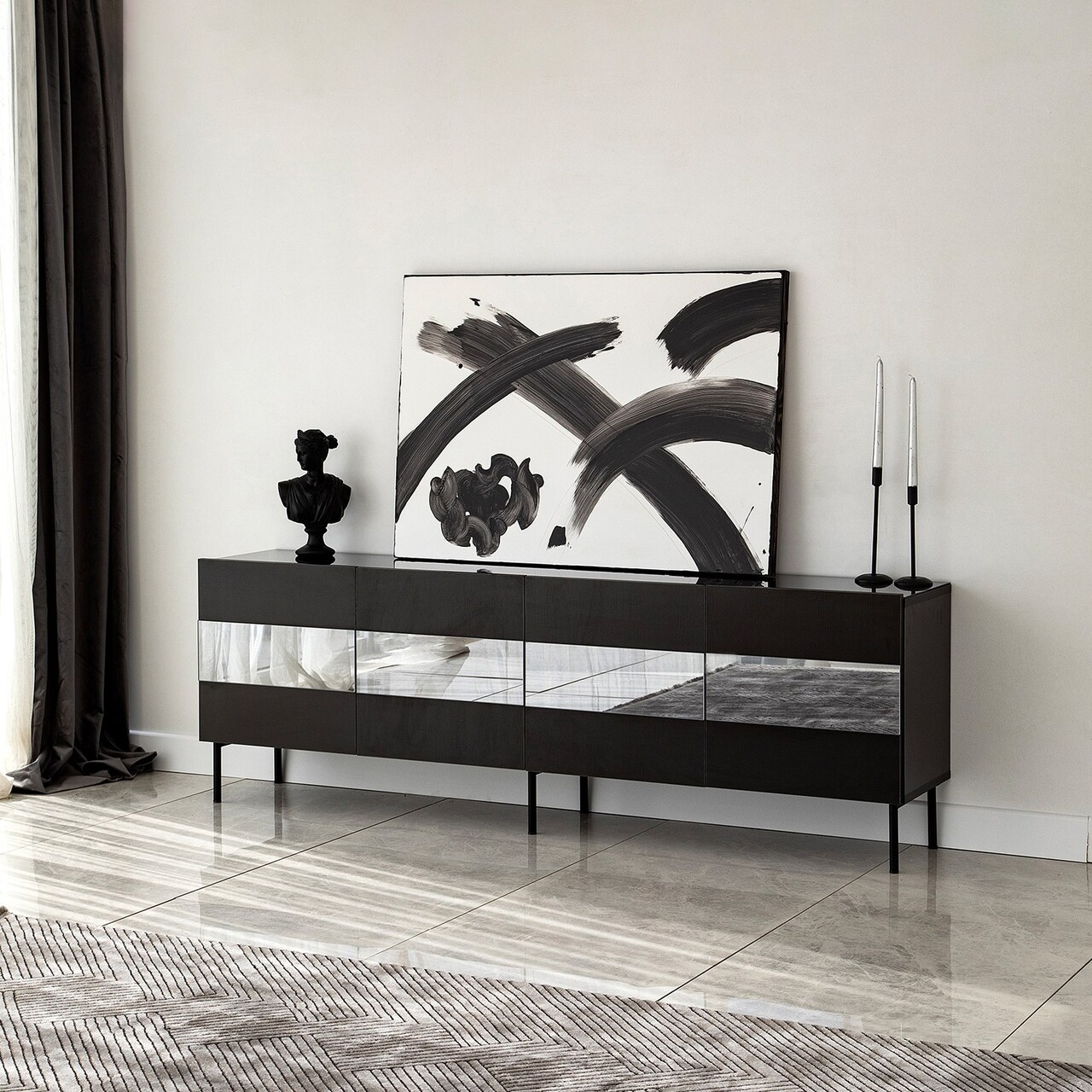 Comoda TV, Neostill, Leon, 180x59x35 cm, PAL, Negru / Fume - 2 | YEO