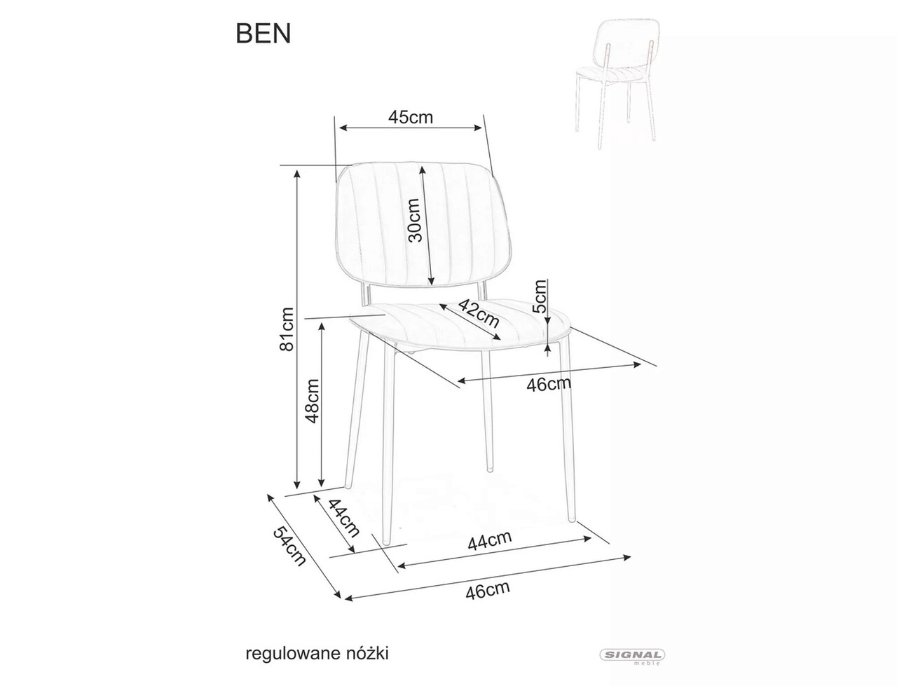 Scaun Ben, Signal, 46x42x81 cm, piele ecologica/otel, gri/negru