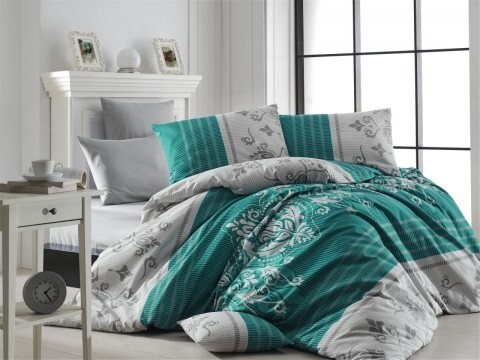 Lenjerie de pat pentru o persoana, 3 piese, 100% bumbac ranforce, Nazenin Home, Sultans, gri/turcoaz