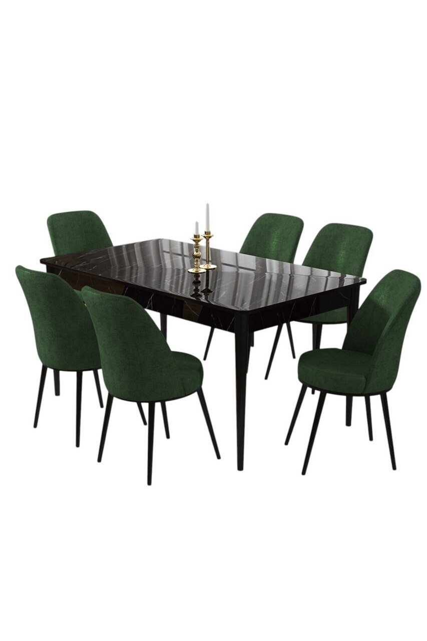 Set masa si scaune (7 piese), Hanah Home, Pir, Model de marmură neagră / Verde kaki — imaginea 2