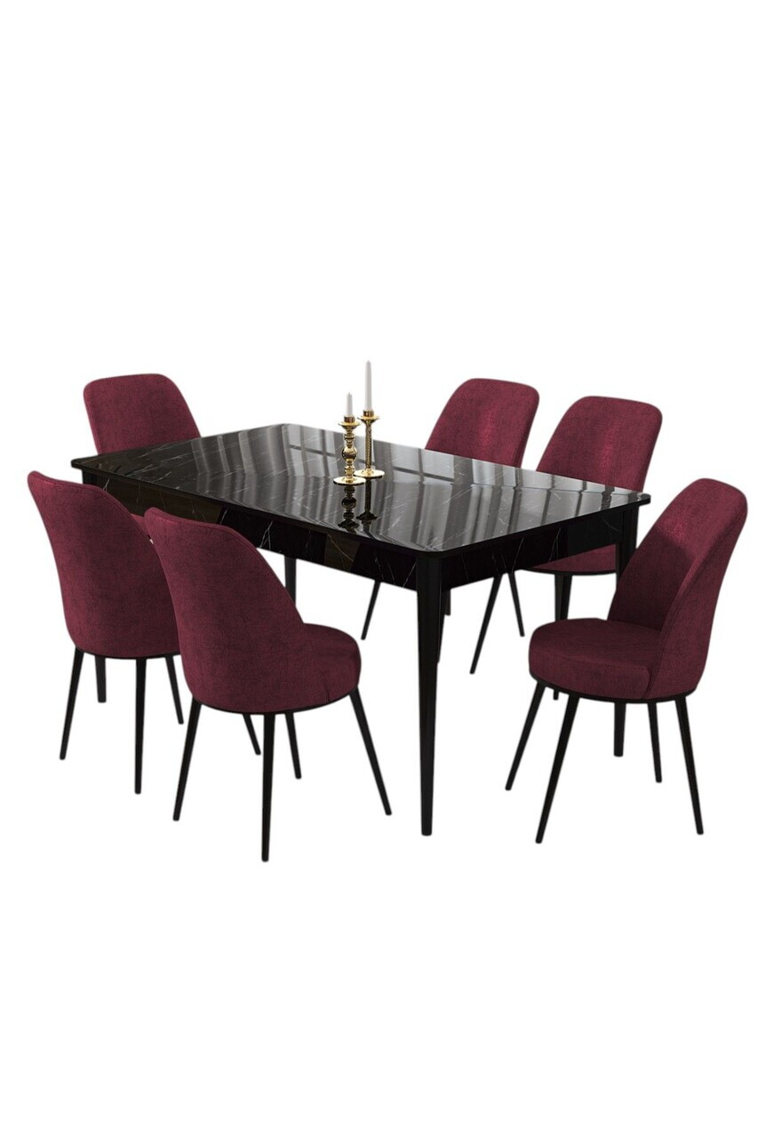 Set masa si scaune (7 piese), Hanah Home, Pir, Model de marmură neagră / Burgundiu — imaginea 2