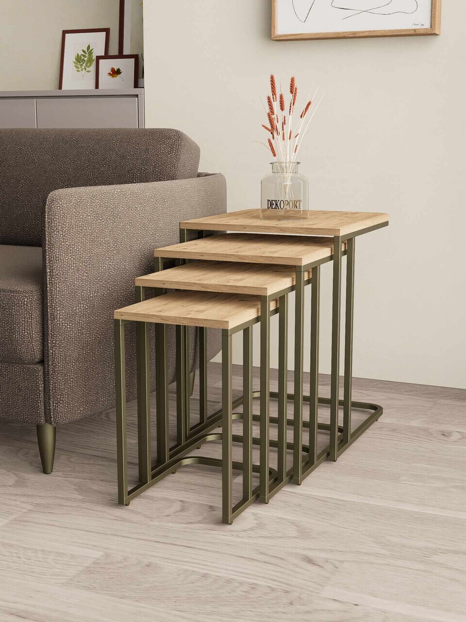 Set masute Nesting 4 piese, Hanah Home, Tekerli, Antic / Pin — imaginea 2