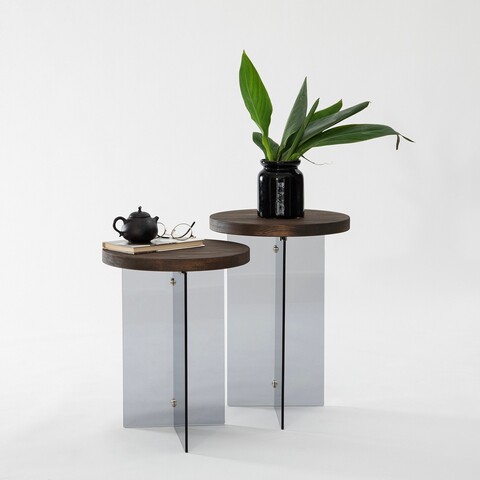 Set masute de cafea, Neostill, Serenity 2, Sticla temperata, Nuc / Gri închis