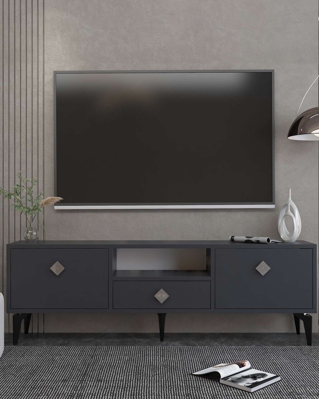 Comoda TV, Hanah Home, 1304-DROP-1, 140x49x30 cm, PAL , Antracit / Argintiu - view 2