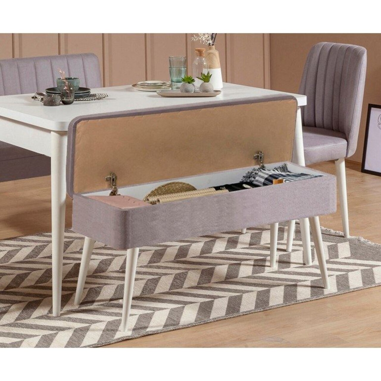 Set masa extensibila si scaune, Hanah Home, Vina 0701, Alb/Gri - imagine 2