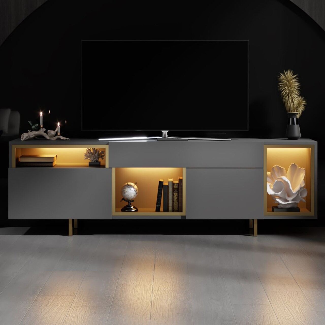 Comoda TV, Hanah Home, Norm, 180x55x32 cm, Antracit / Aur - view 2