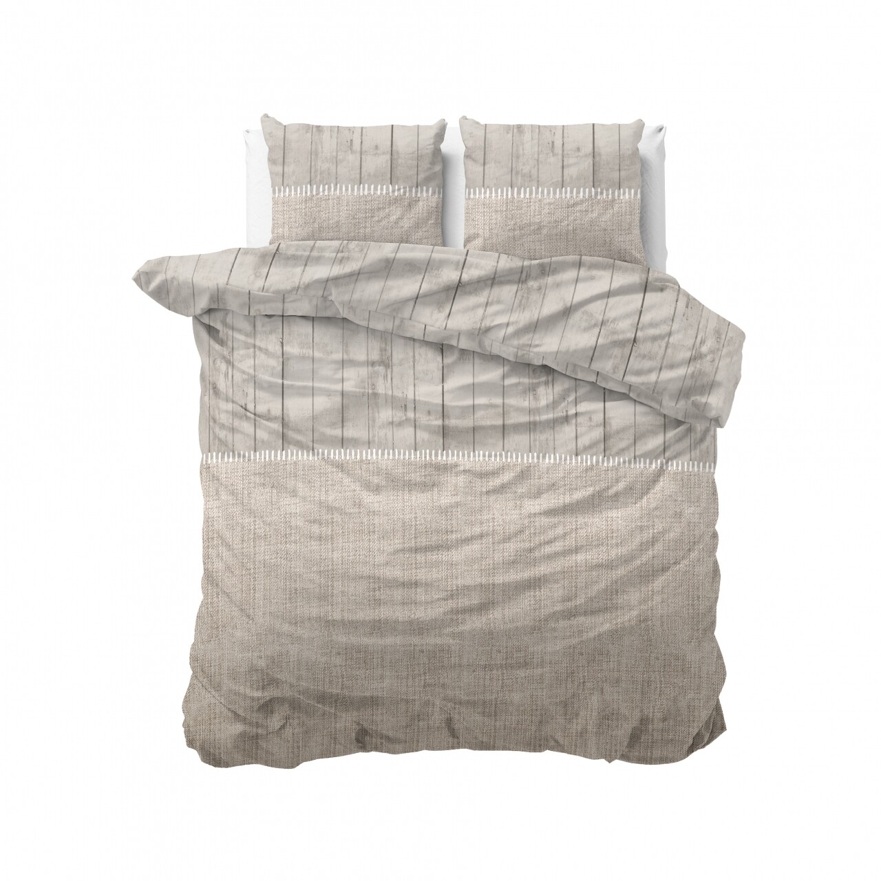 Lenjerie De Pat Dubla Wood Fabric Taupe, Royal Textile, 3 Piese, 200 X 220 Cm, 100% Bumbac, Taupe