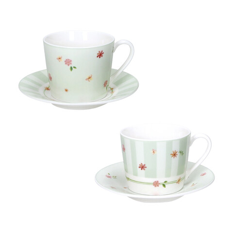 Set 2 cesti cu farfurie pentru cafea, Polline Green, Brandani, D11x7 cm, 50 ml, portelan New Bone China