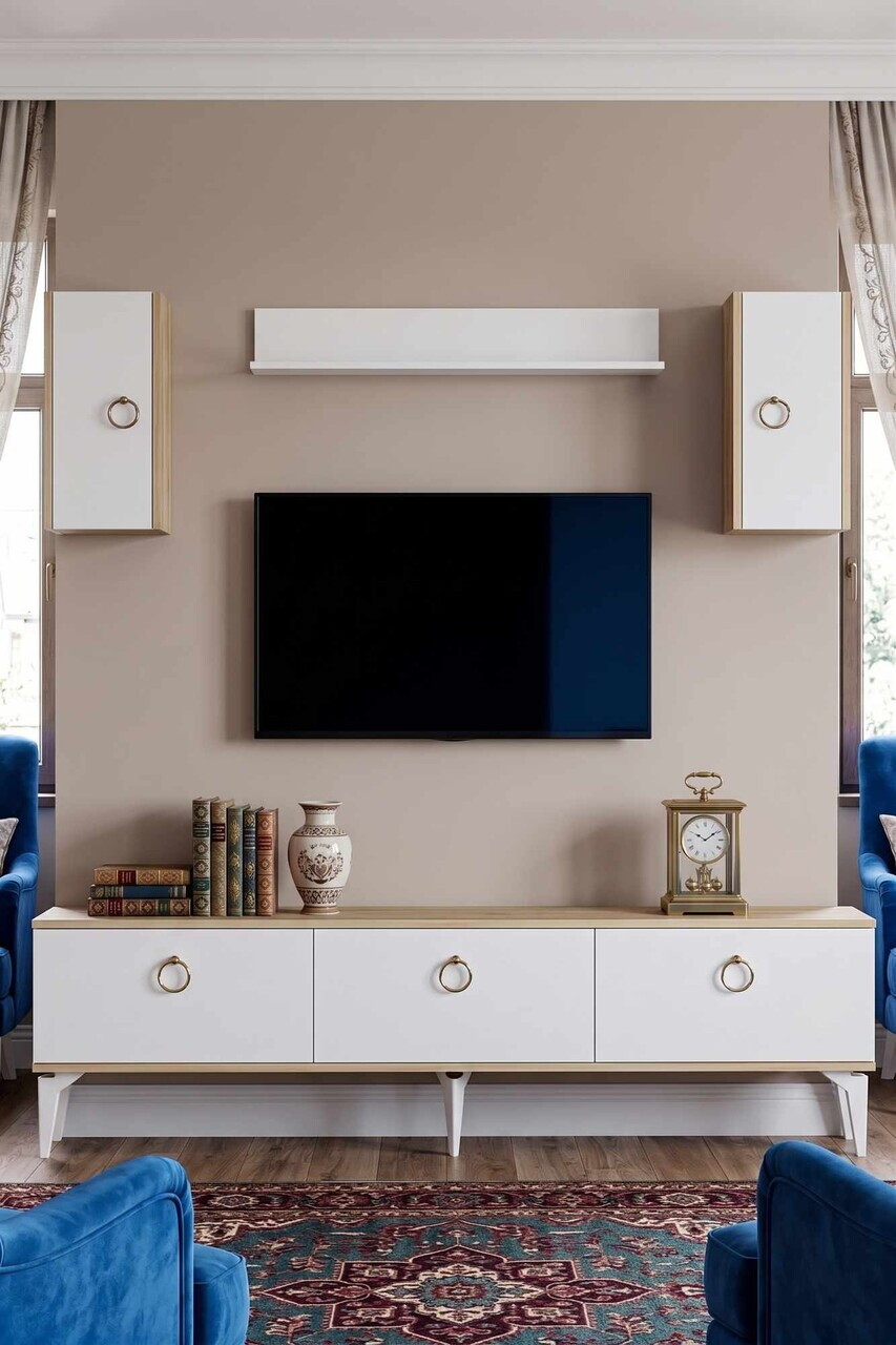 Comoda TV, Hanah Home, Demet, 180x41x30 cm, Stejar Safir / Alb