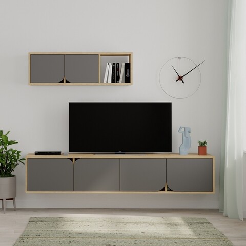 Comoda TV cu raft, Decortie, Spark, pal melaminat, antracit/stejar antracit/stejar