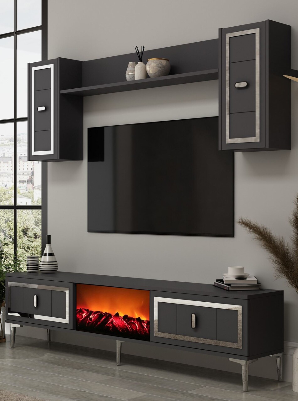 Comoda TV, Hanah Home, Orion Fireplace, 150x44.6x29.6 cm, PAL , Antracit / Argintiu - imagine 2