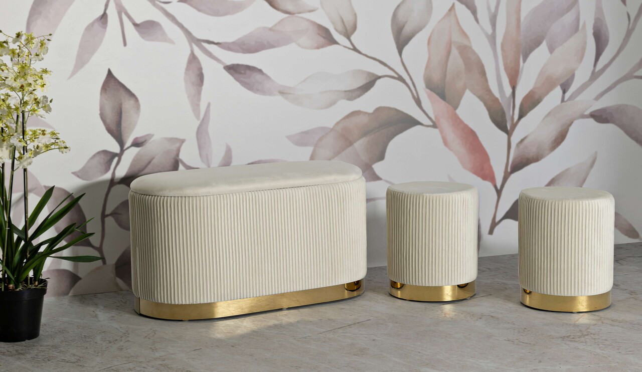 Set bancheta si 2 taburete Shopy, Mauro Ferretti, 80x37x42 cm, 29x35 cm, fier/MDf/poliester, crem/auriu