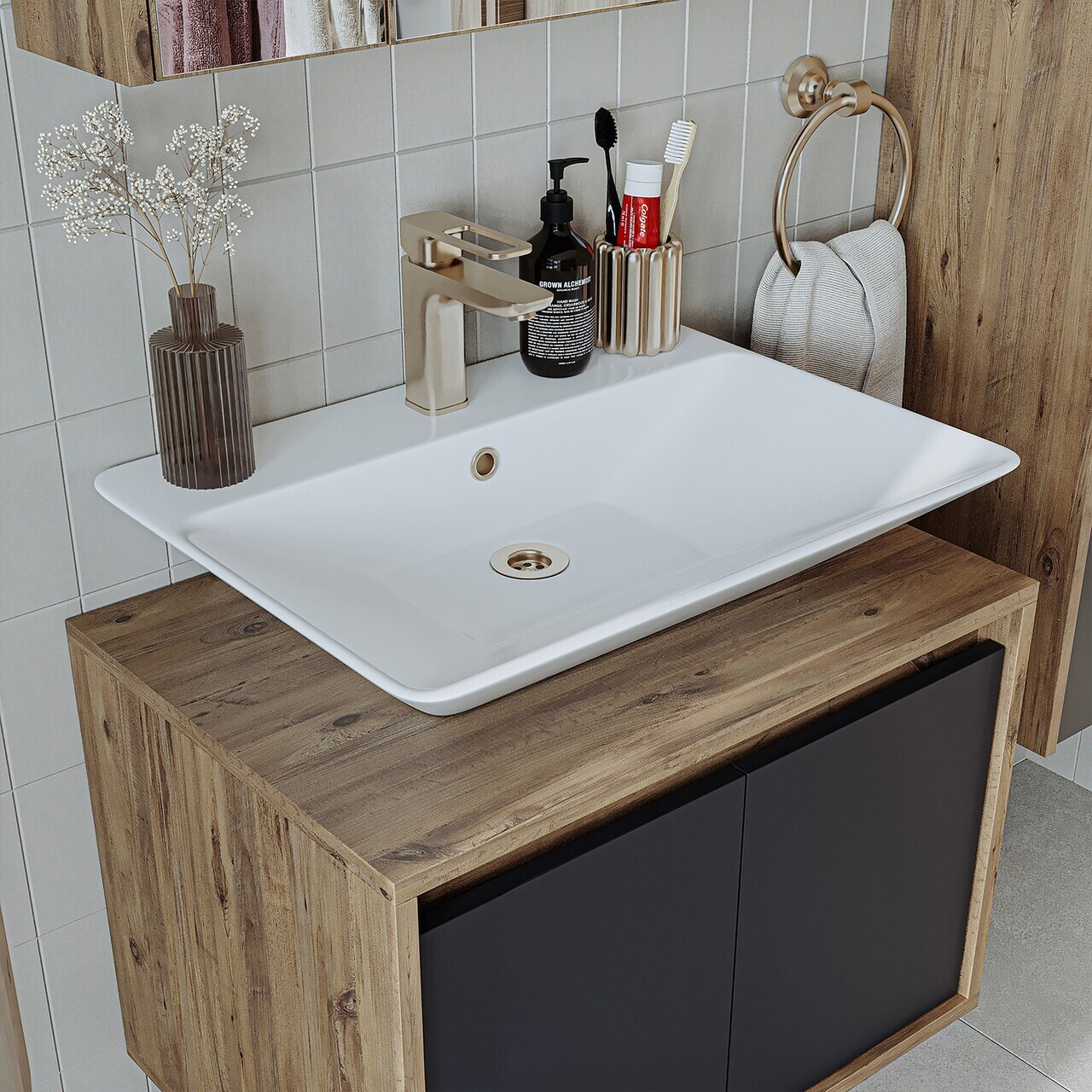 Set Dulap de Baie cu Chiuvetă și Oglindă (3 Piese), Hanah Home, 1702, MDF-LAM, Pin Atlantic / Antracit — imaginea 5