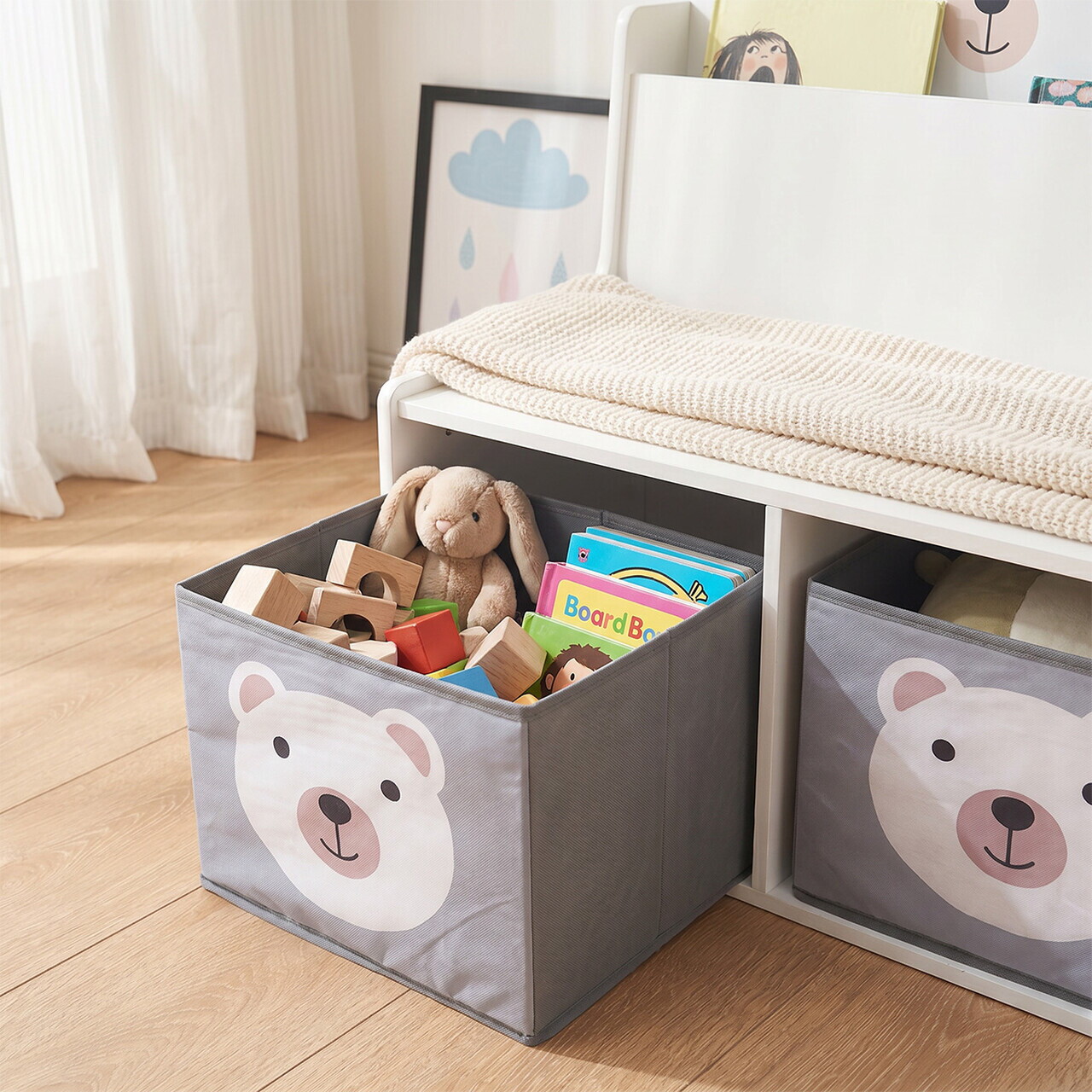 Organizator jucarii / mobilier camera copilului Bear, U-Grow, 60x42x61.5 cm, MDF, alb/gri - imagine 3