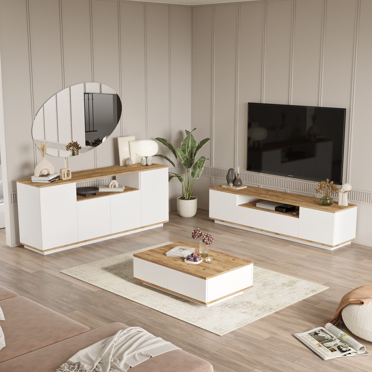 Set mobilier living, Hanah Home, Fr18-Aw, Pin Atlantic / Alb - imagine 2