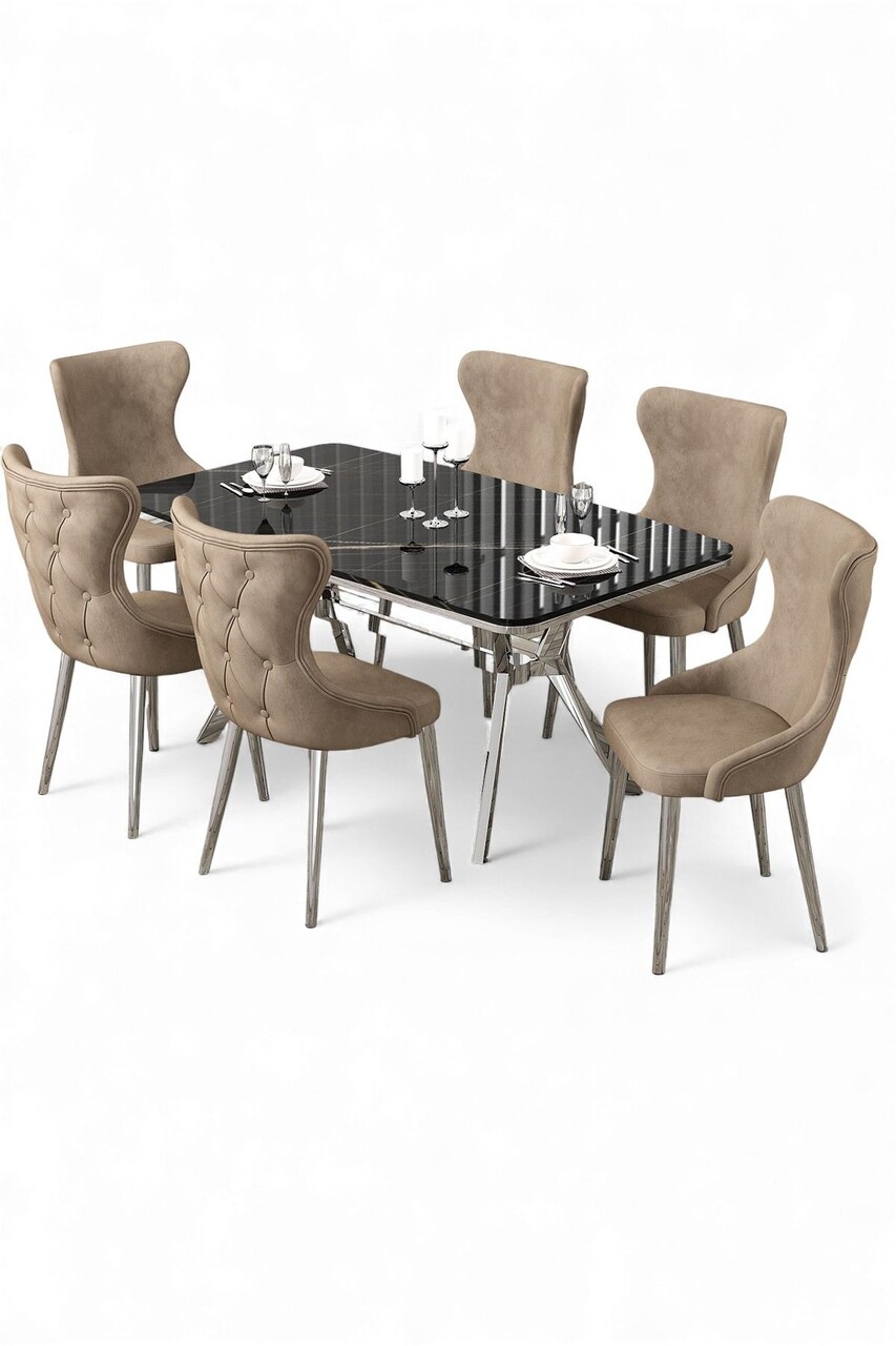 Set masa extensibila si scaune, Hanah Home, Esla, Marmură neagră / Crom / Cappuccino - view 2
