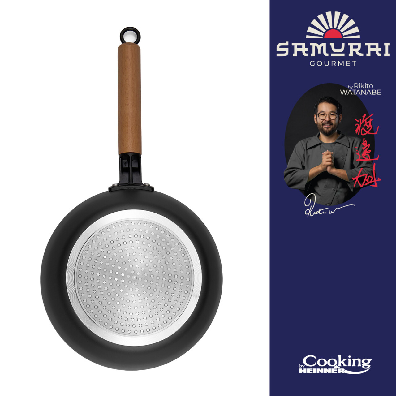 Tigaie Wok cu capac, Samurai Gourmet by Rikito Watanabe si Cooking by Heinner, 24x7.5 cm, aluminiu, negru/natur - 1 | YEO