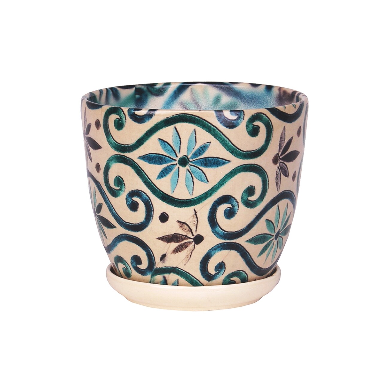 Ghiveci Cu Farfurie Wenus, Ceramica, 20 Cm, Bej/verde/albastru