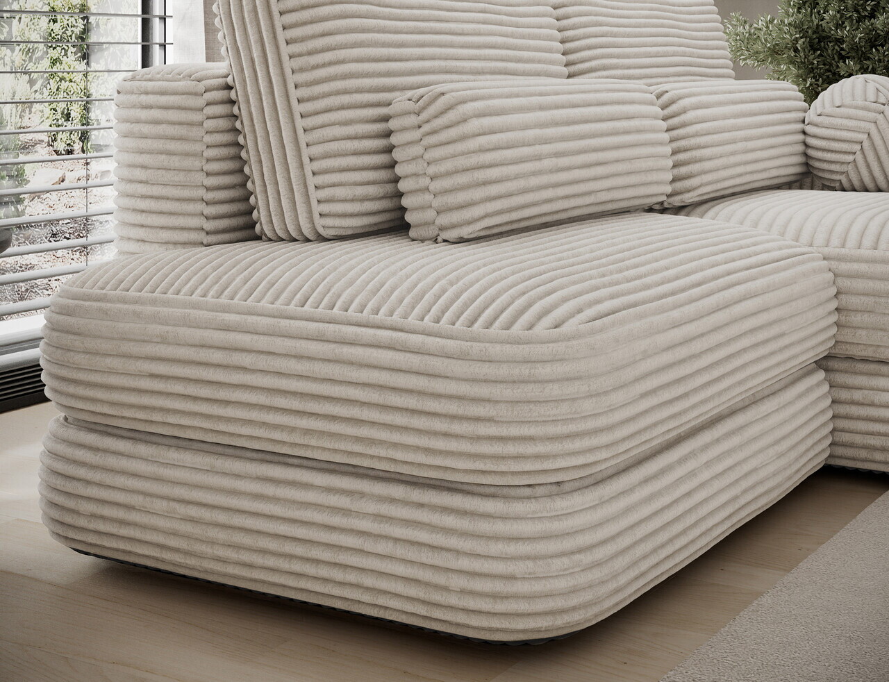 Coltar extensibil dreapta 3 locuri ELTAP, Ripeli, 217x175x96 cm, lemn/catifea din poliester, bej deschis — imaginea 8