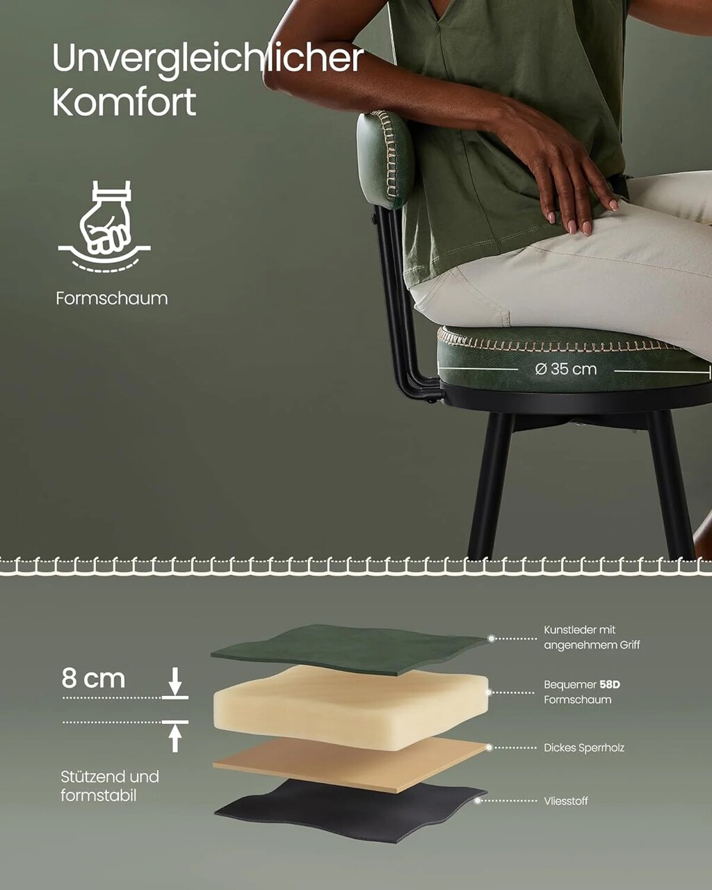 Set 2 scaune de bar, Vasagle, Ekho, 57x101 cm, otel/piele ecologica, verde forest