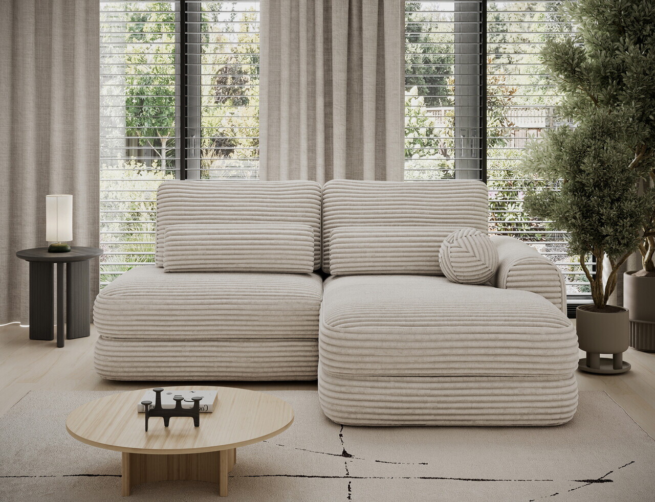 Coltar extensibil dreapta 3 locuri ELTAP, Ripeli, 217x175x96 cm, lemn/catifea din poliester, bej deschis — imaginea 3