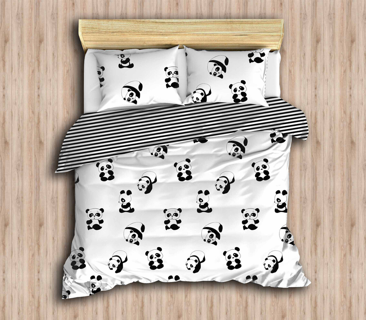 Lenjerie de pat dubla (EU) (IT), 3 piese, L'essentiel Maison, Panda, Alb/Negru - imagine 2