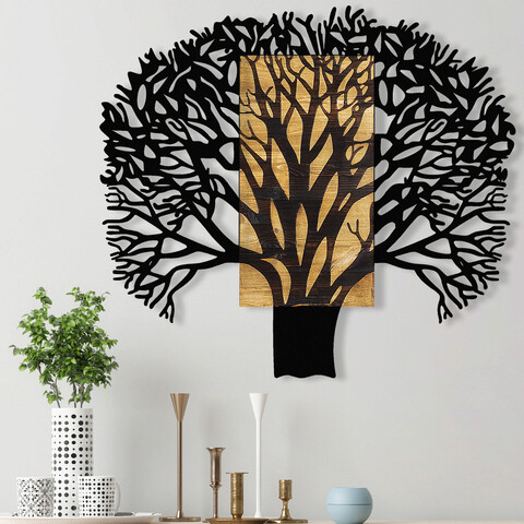 Decoratiune de perete, tree 1, metal/lemn, 93 x 3 x 86 cm, nuc / negru