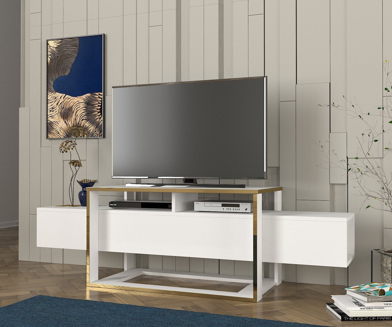 Comoda TV, Tera Home, Bianco, PAL, Alb/Auriu - 1 | YEO