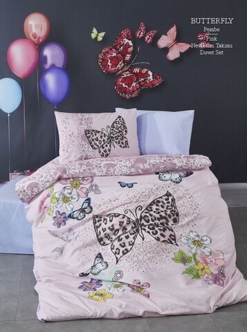 Lenjerie de pat pentru o persoana, 3 piese, The Club Cotton, Butterfly, bumbac ranforce, 145 TC, multicolor