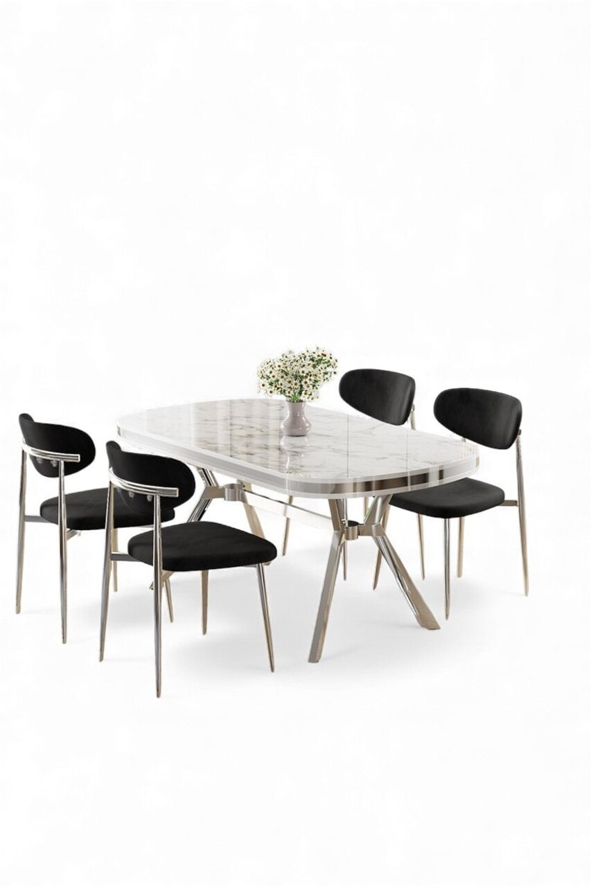 Set masă și scaune (5 bucăți), Hanah Home, Olya, Marmură albă / Crom / Negru - view 2