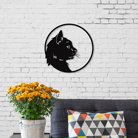 Decoratiune de perete, cat profile, metal, dimensiune: 46 x 46 cm, negru