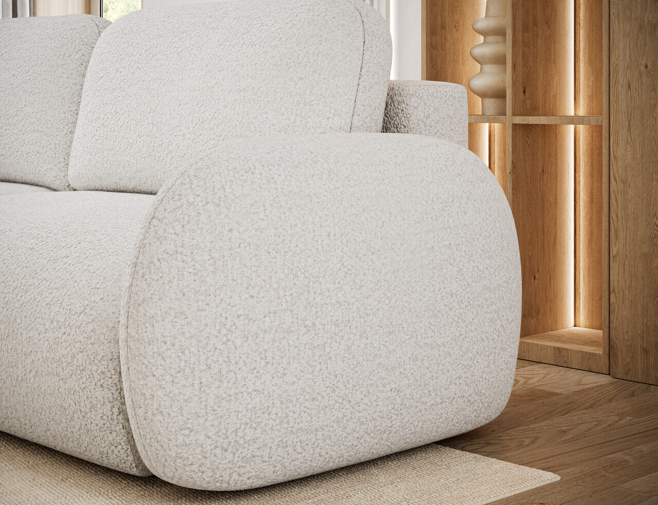 Canapea extensibila 3 locuri ELTAP, Avuela, 250x105x94 cm, lemn/tesatura boucle, alb — imaginea 9