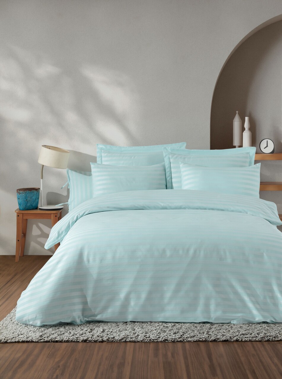 Lenjerie de pat dubla, Water Yollu Saten - Mint, EnLora Home, 70% bumbac/30% poliester