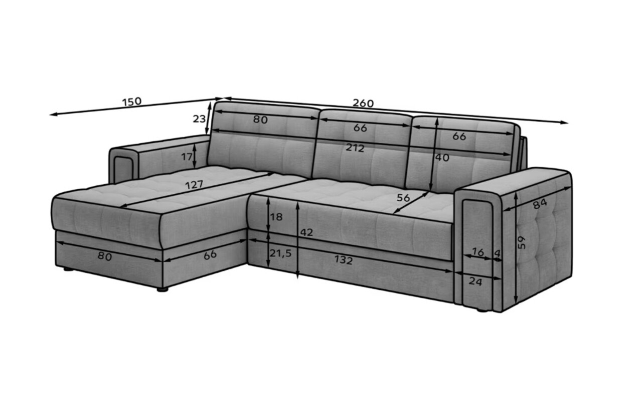 Coltar extensibil reversibil 3 locuri ELTAP, Blenvi, 260x150x82 cm, lemn/poliester, gri deschis