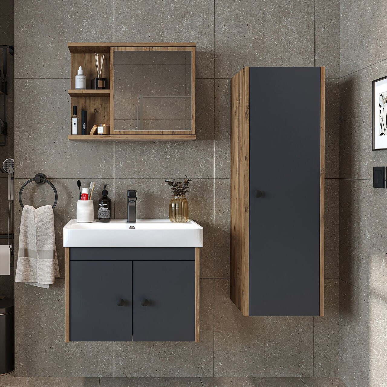 Set Dulap de Baie cu Chiuvetă și Oglindă (3 Piese), Hanah Home, 2871, PAL MELAMINAT, Pin Atlantic / Antracit — imaginea 2