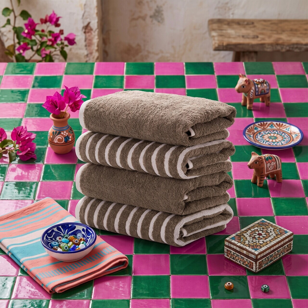 Set prosoape, L'essentiel Maison, Stripe Melange, Bumbac, Maro