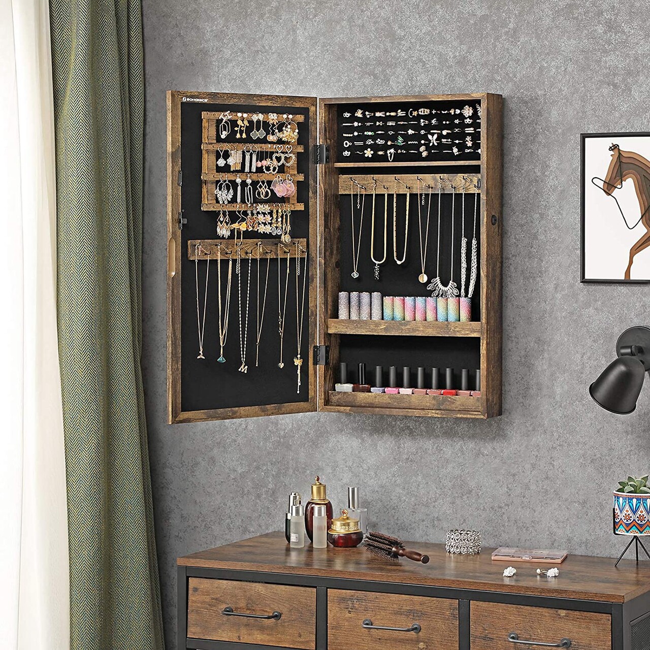 Dulapior de bijuterii cu oglinda, Songmics, cu fixare pe perete, 37x10x67 cm, MDF/catifea, maro - imagine 6