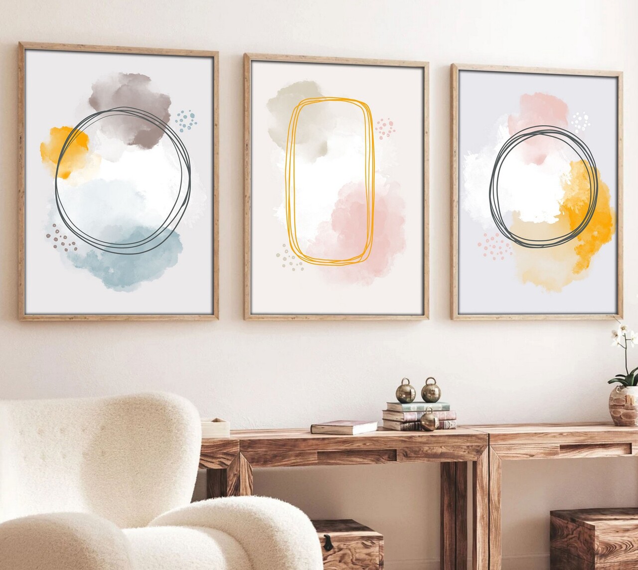 Set 3 tablouri decorative Huhu125 Cadru: 100% LEMN MASIV (Grosime: 25 cm) Multicolor