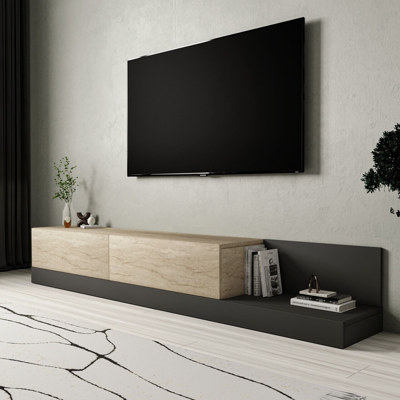 Comoda TV, Hanah Home, Major, 180x30x37 cm, PAL, Travertin / Antracit — imaginea 2