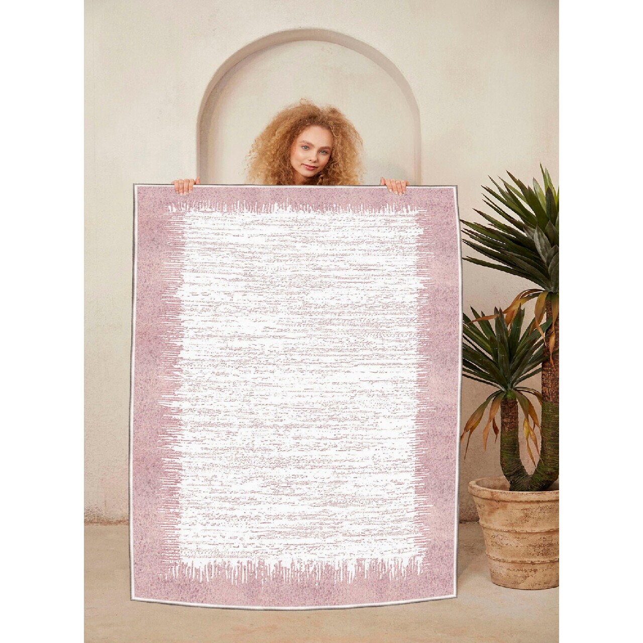 Covor, Woosonıl077, 80x300 cm, Crem / Roz — imaginea 3