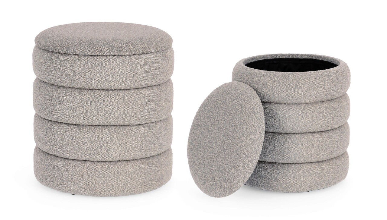 Set 2 taburete cu spatiu de depozitare Katerina, Bizzotto, Ø40 x 44.5 cm, MDF/poliester Boucle, gri deschis - 1 | YEO