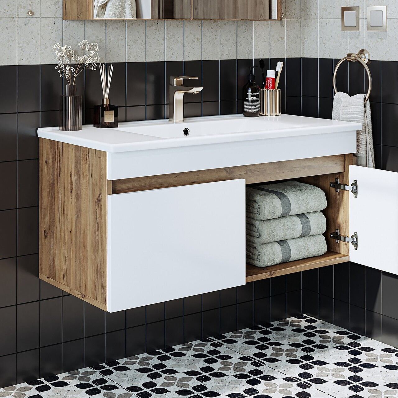 Dulap de baie cu chiuvetă, Hanah Home, 1904, 100x48x45.5 cm, MDF-LAM, Pin Atlantic / Alb Mat — imaginea 3