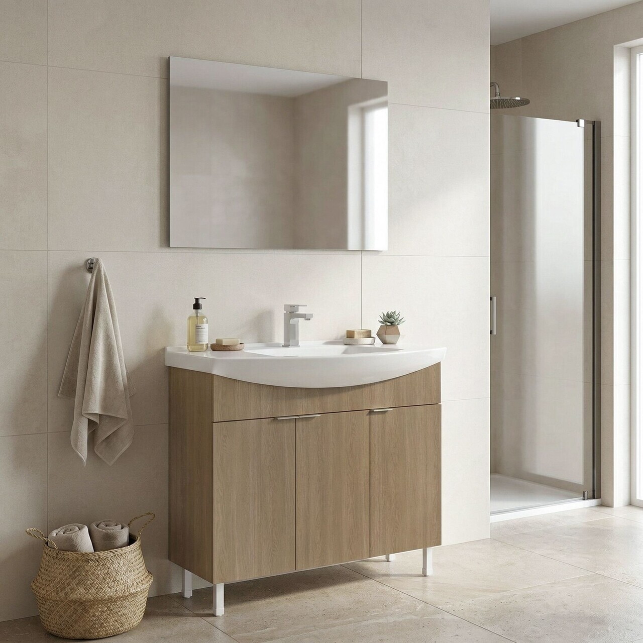 Set Dulap de Baie cu Chiuvetă și Oglindă (2 Piese), Hanah Home, Purus 100, Stejar — imaginea 2
