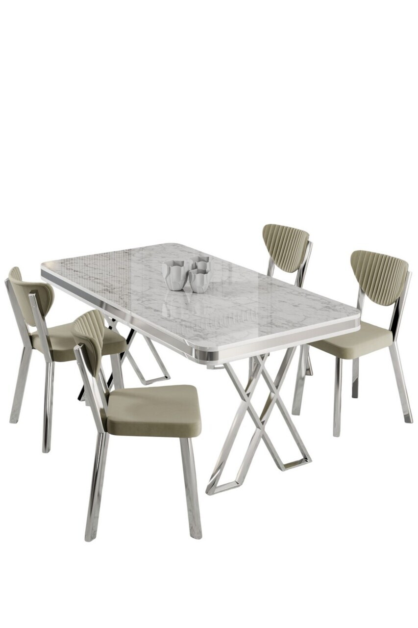 Set masa si scaune (5 piese), Hanah Home, Raja, Model de marmură albă / Crom / Crem — imaginea 2
